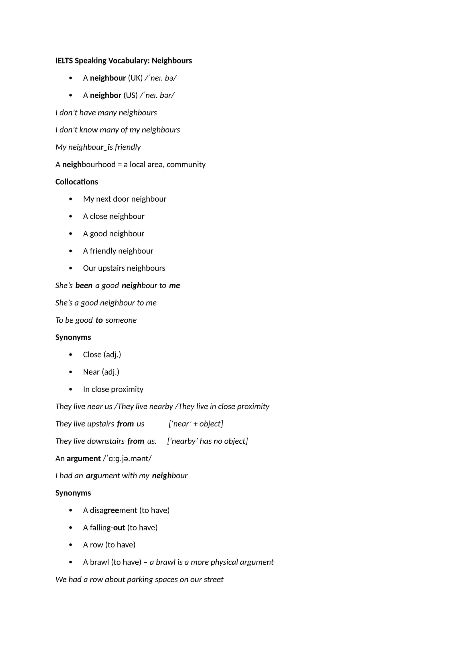 IELTS Speaking Vocabulary: Neighbours