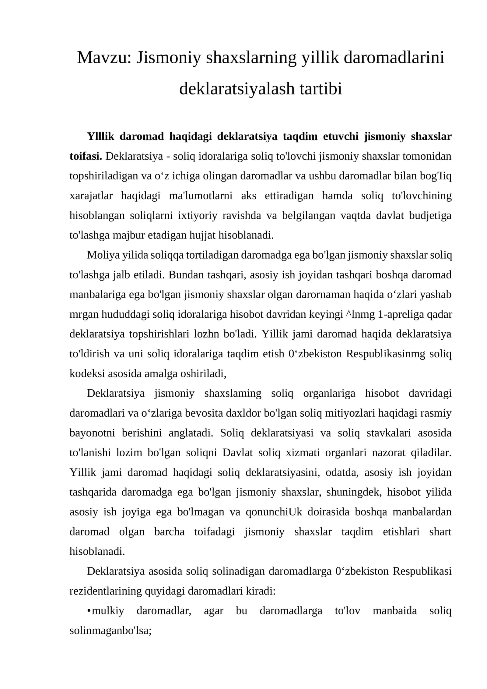 Jismoniy shaxslarning yillik daromadlarini deklaratsiyalash tartibi