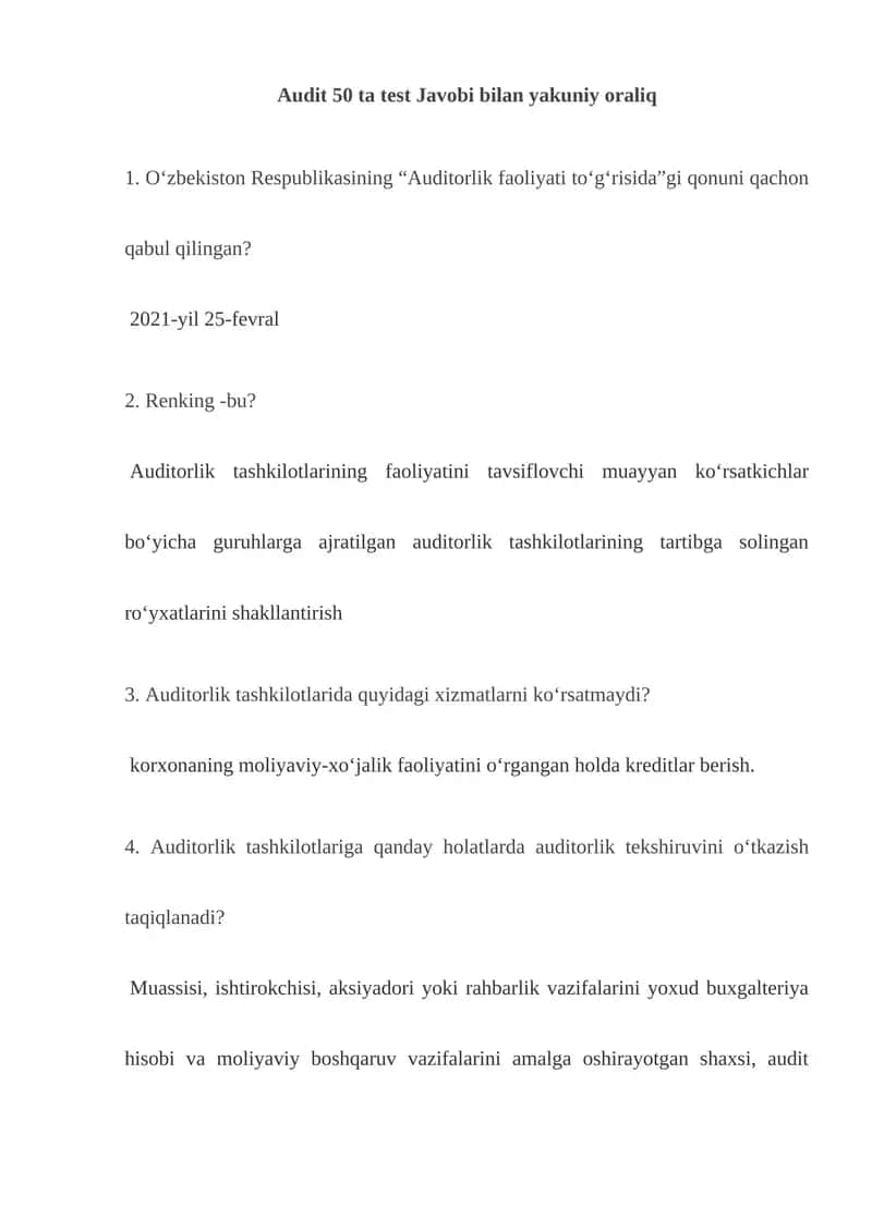 Audit 50 ta test Javobi bilan yakuniy oraliq