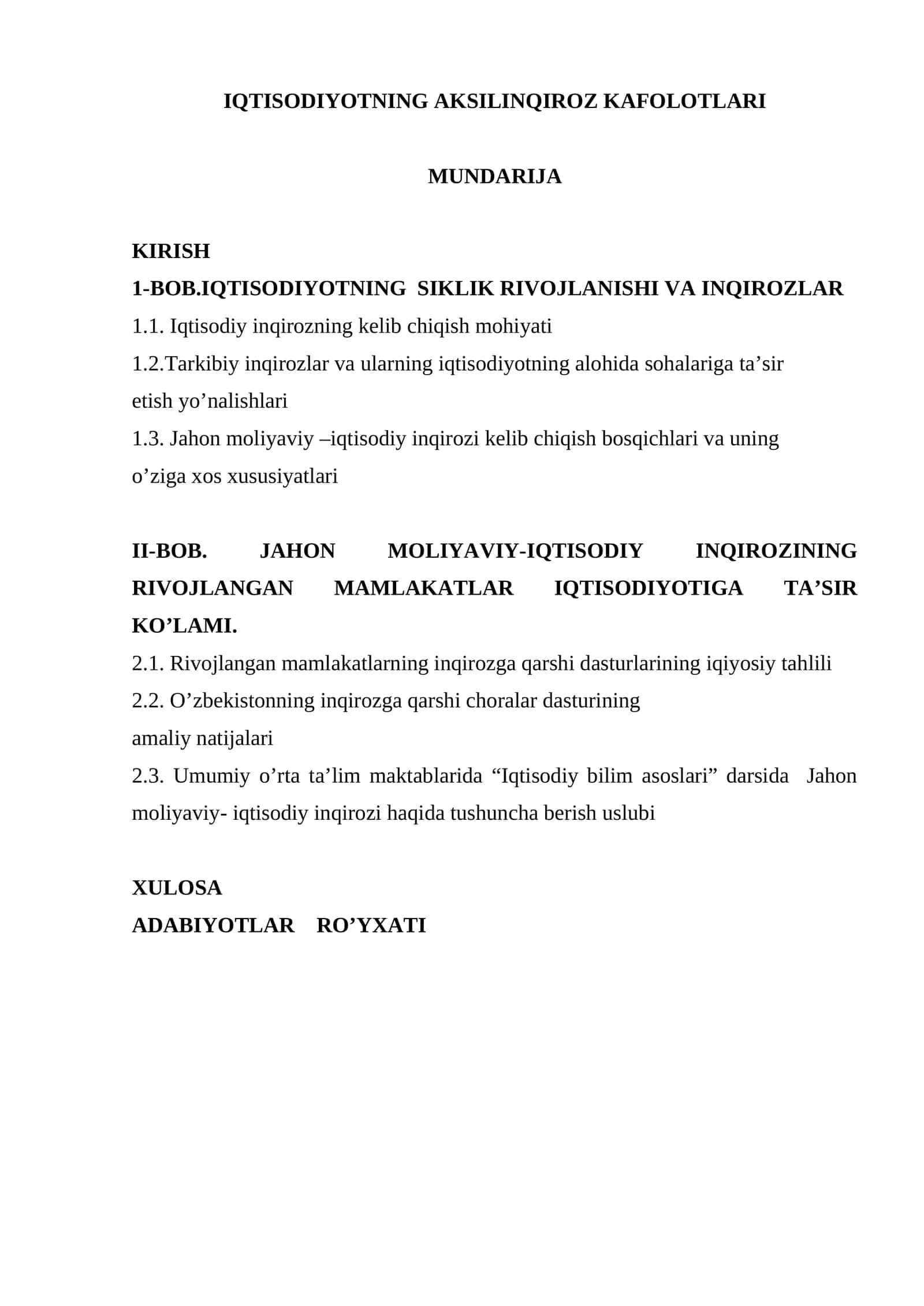 IQTISODIYOTNING AKSILINQIROZ KAFOLOTLARI
