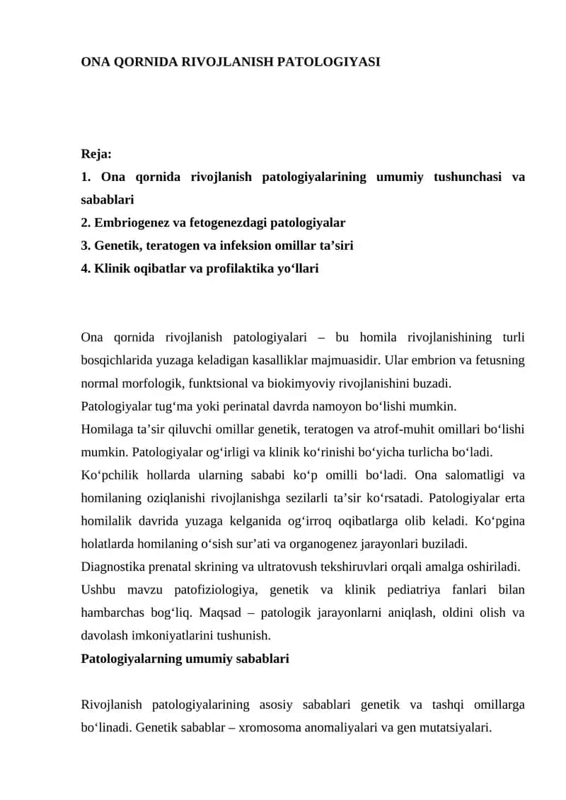 ONA QORNIDA RIVOJLANISH PATOLOGIYASI