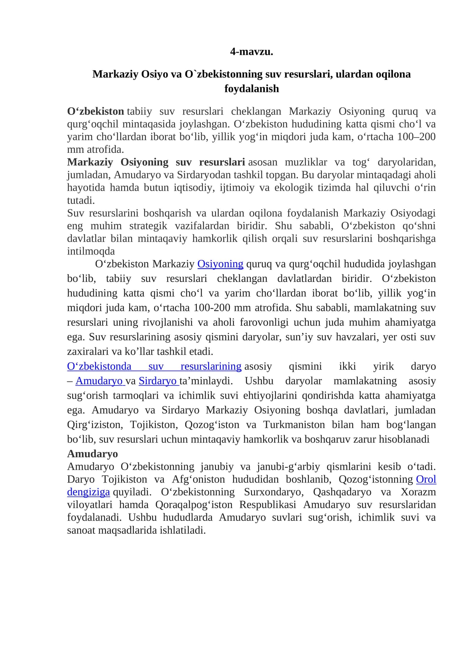 Markaziy Osiyo va O`zbekistonning suv resurslari, ulardan oqilona foydalanish