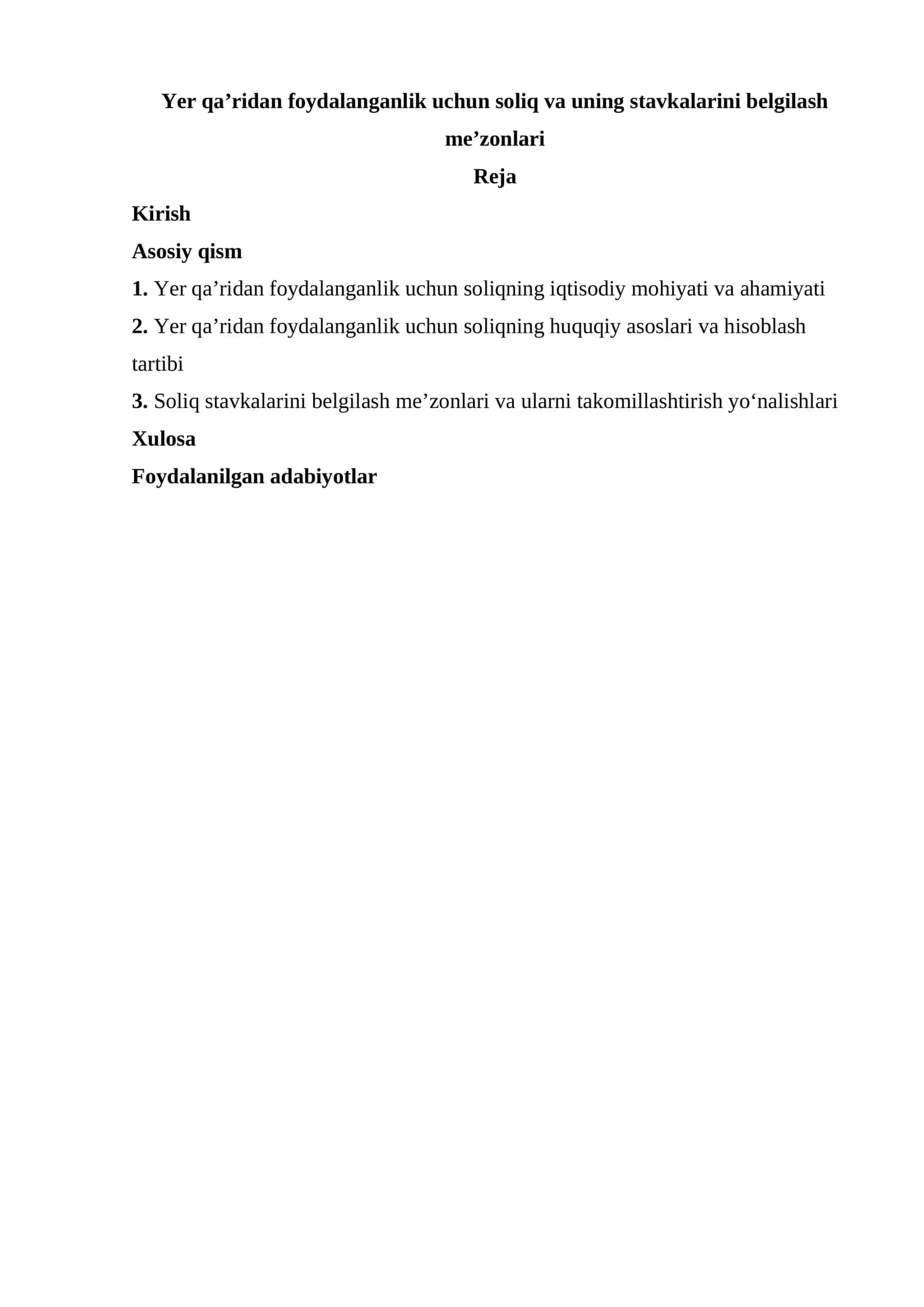Yer qa’ridan foydalanganlik uchun soliq va uning stavkalarini belgilash me’zonlari