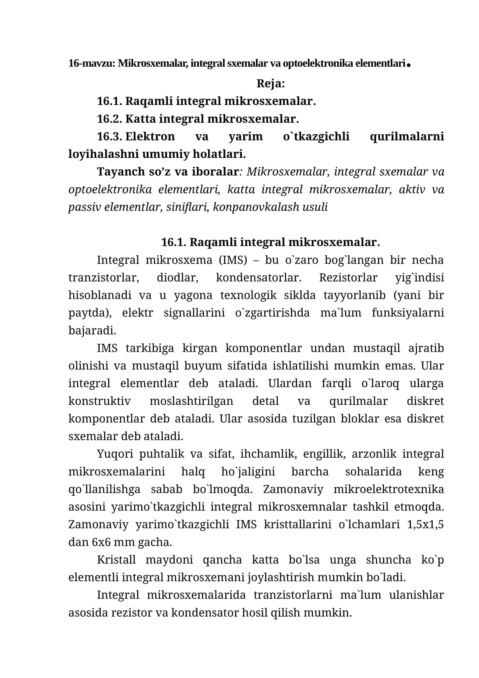 16-mavzu: Mikrosxemalar, integral sxemalar va optoelektronika elementlari