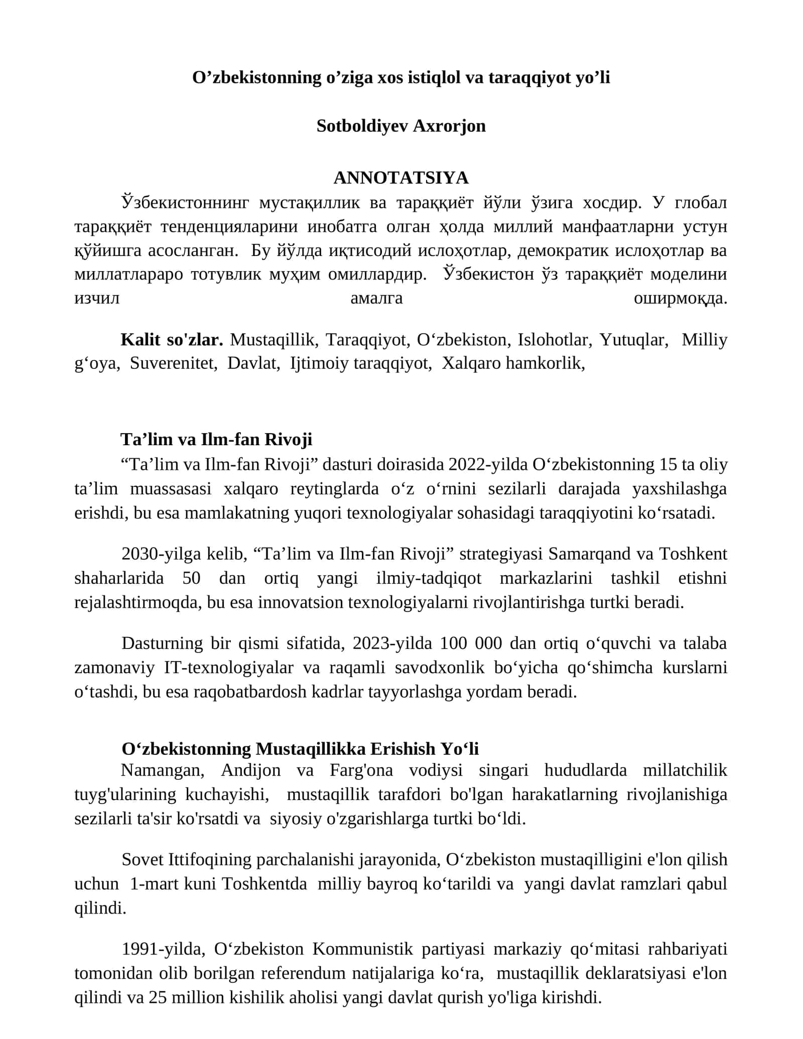 Ta’lim va Ilm-fan Rivoji