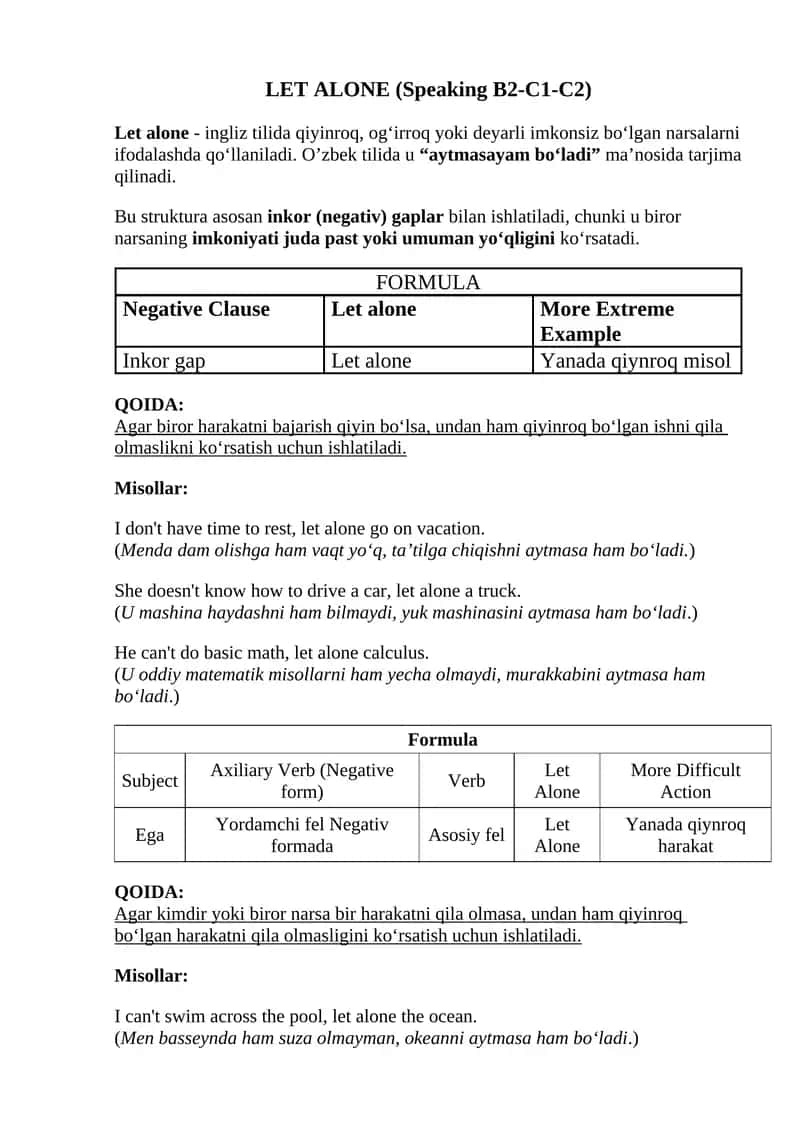 Speaking uchun (Let alone) structurasi B2-C1-C2