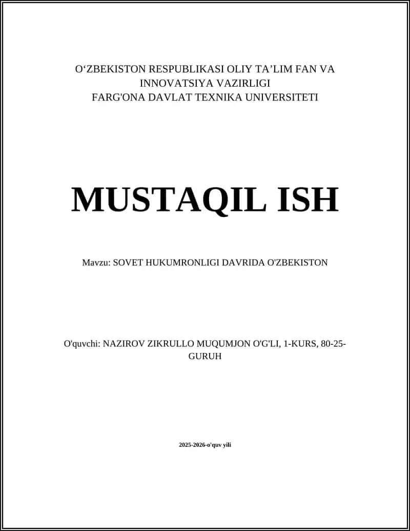 SOVET HUKUMRONLIGI DAVRIDA O'ZBEKISTON