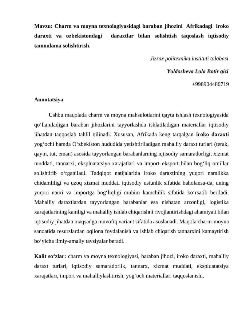 Baraban jihozlarini tayyorlashda ishlatiladigan materiallar iqtisodiy jihatdan taqqoslab tahlil qilish