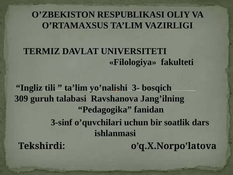 3-sinf o’quvchilari uchun bir soatlik dars ishlanmasi