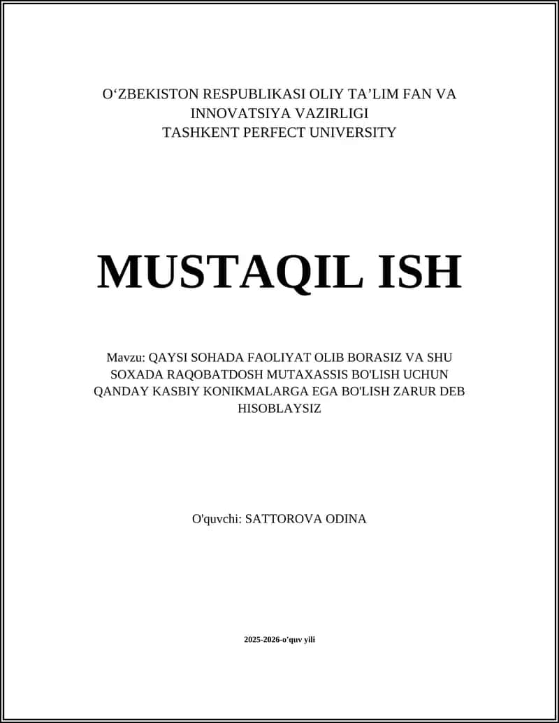 QAYSISOHADA FAOLIYAT OLIB BORASIZ VA SHU SOXADA RAQOBATDOSH MUTAXASSIS BO'LISH UCHUN QANDAY KASBIY KONIKMALARGA EGA BO'LISH ZARUR DEB HISOBLAYSIZ