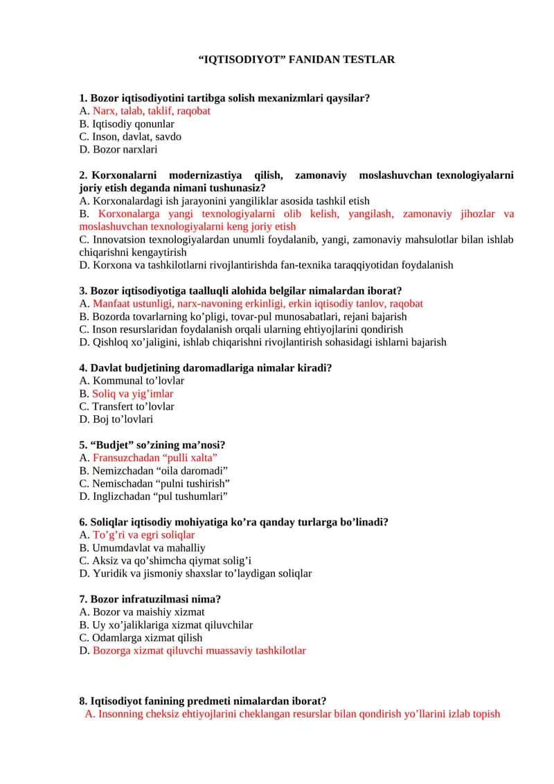 IQTISODIYOT Fanidan Testlar