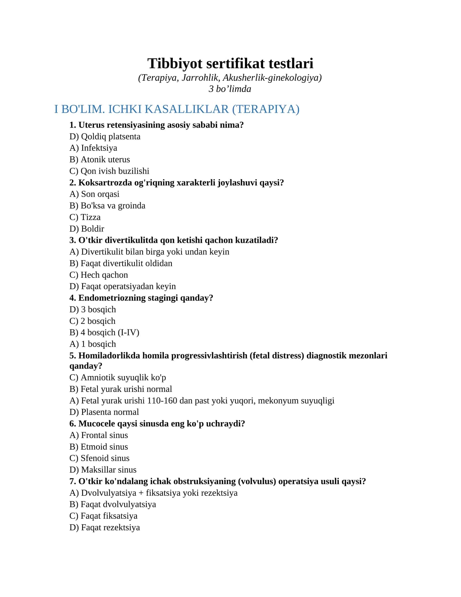 Tibbiyot sertifikat testlari