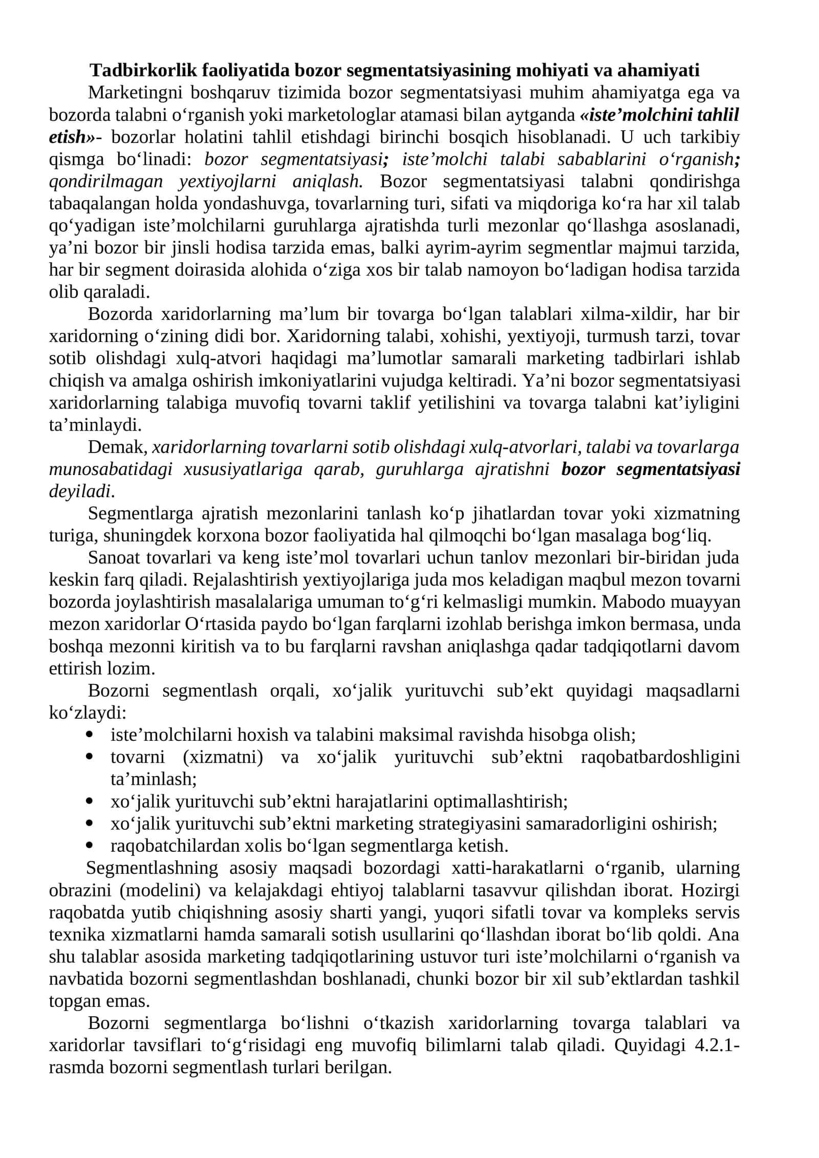 Tadbirkorlik faoliyatida bozor segmentatsiyasining mohiyati va ahamiyati