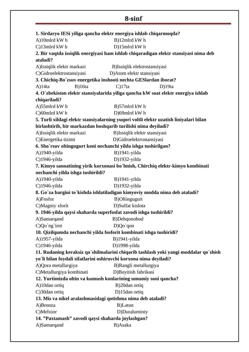 8-sinf darsligi asosida tuzilgan test. Geografiya.
