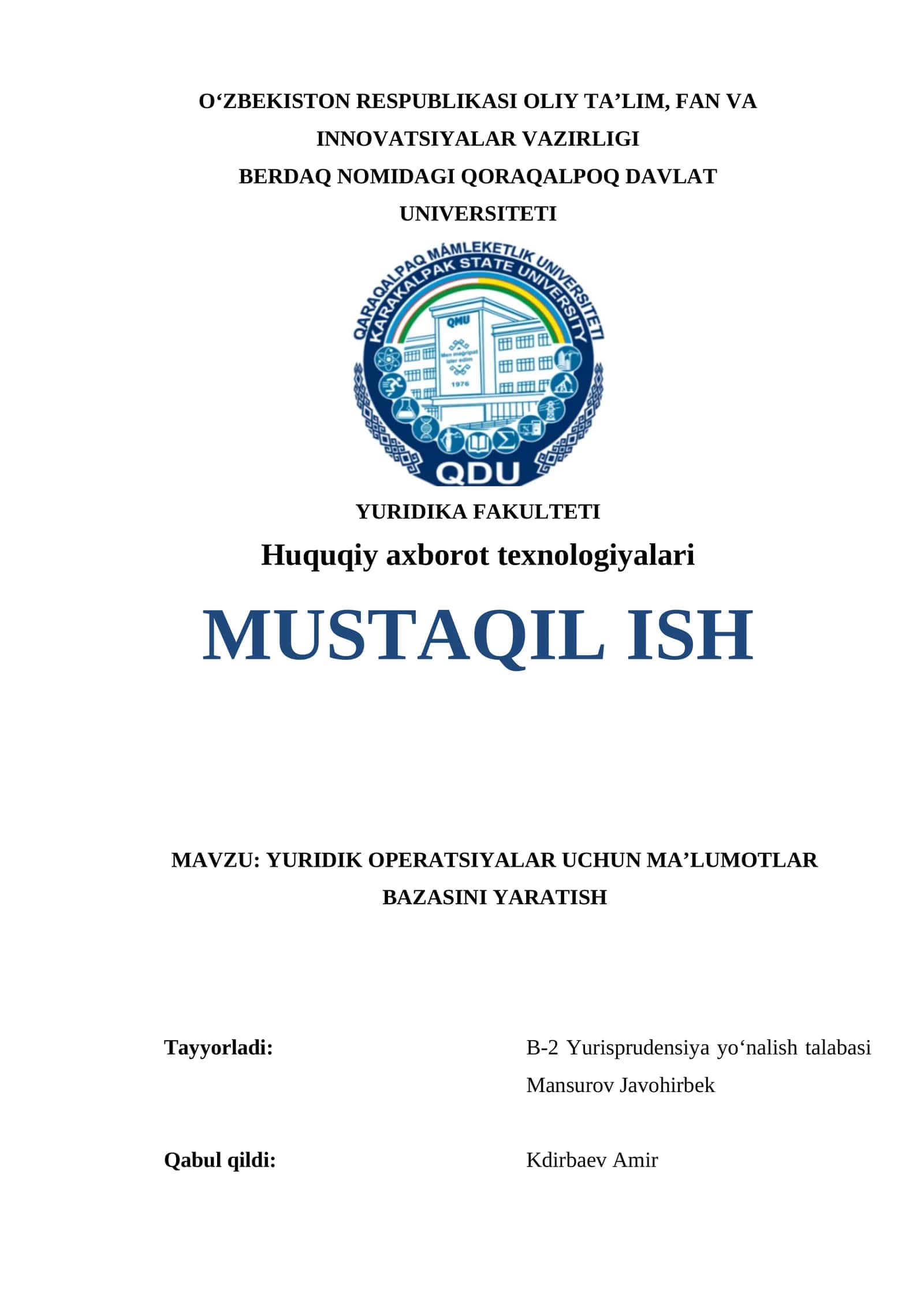 Yuridik Operatsiyalar uchun Ma'lumotlar Bazasini Yaratish