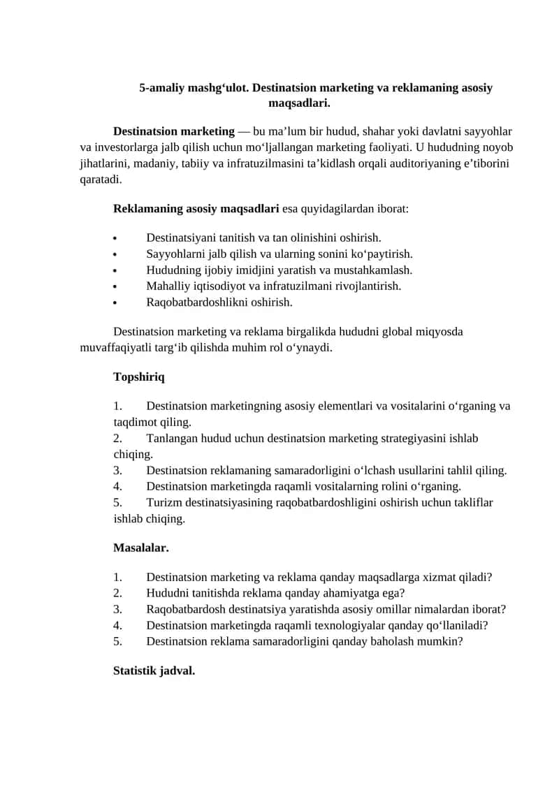 Destinatsion marketing va reklamaning asosiy maqsadlari