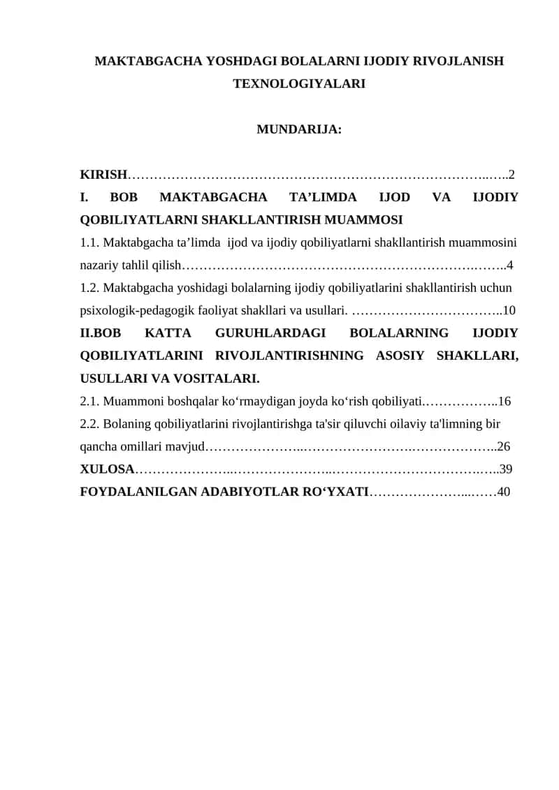 MAKTABGACHA YOSHDAGI BOLALARNI IJODIY RIVOJLANISH TEXNOLOGIYALARI