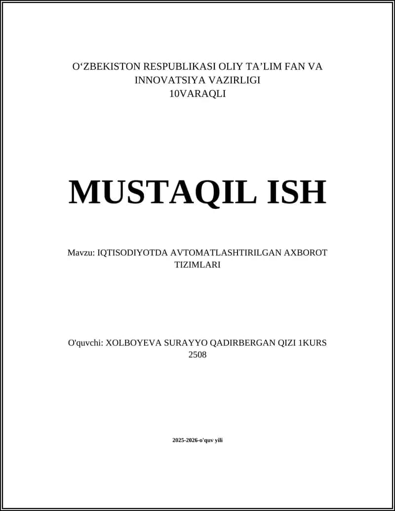 Iqtisodiyotda Avtomatlashtirilgan Axborot Tizimlari
