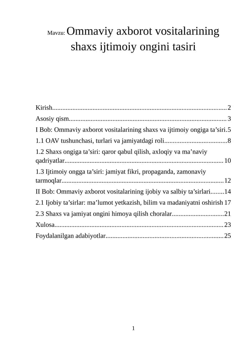 Ommaviy axborot vositalarining shaxs ijtimoiy ongini tasiri