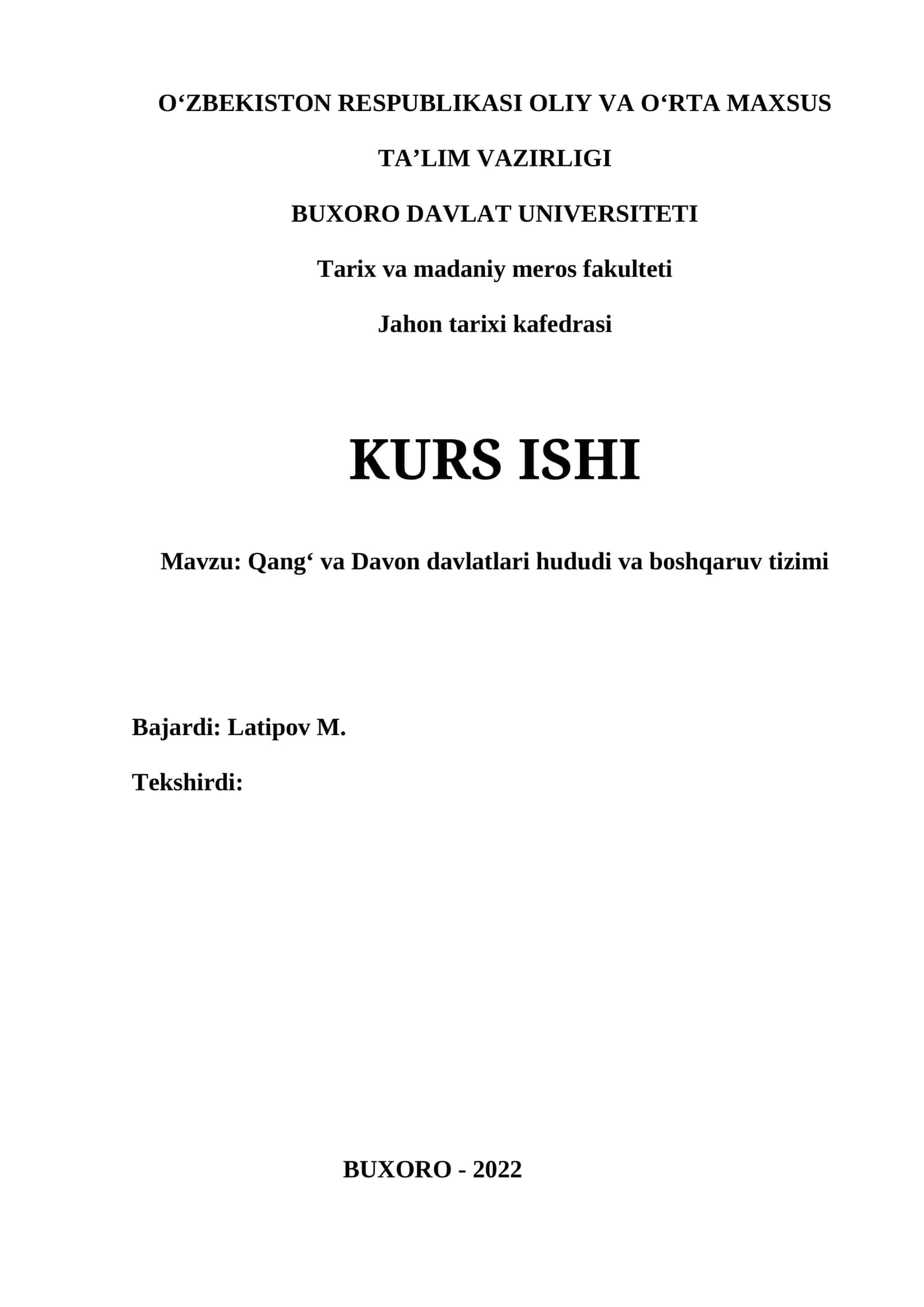 Jahon tarixi kafedrasi KURS ISHI - Qangʻ va Davon davlatlari hududi va boshqaruv tizimi