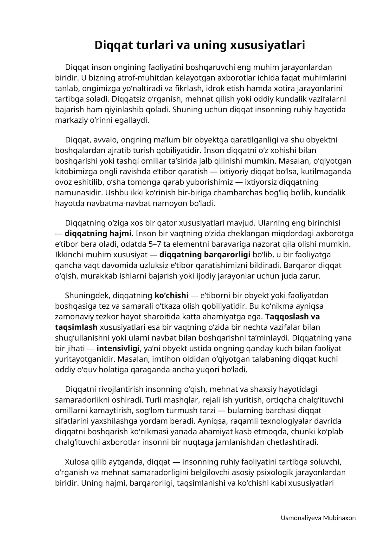 Diqqat turlari va uning xususiyatlari