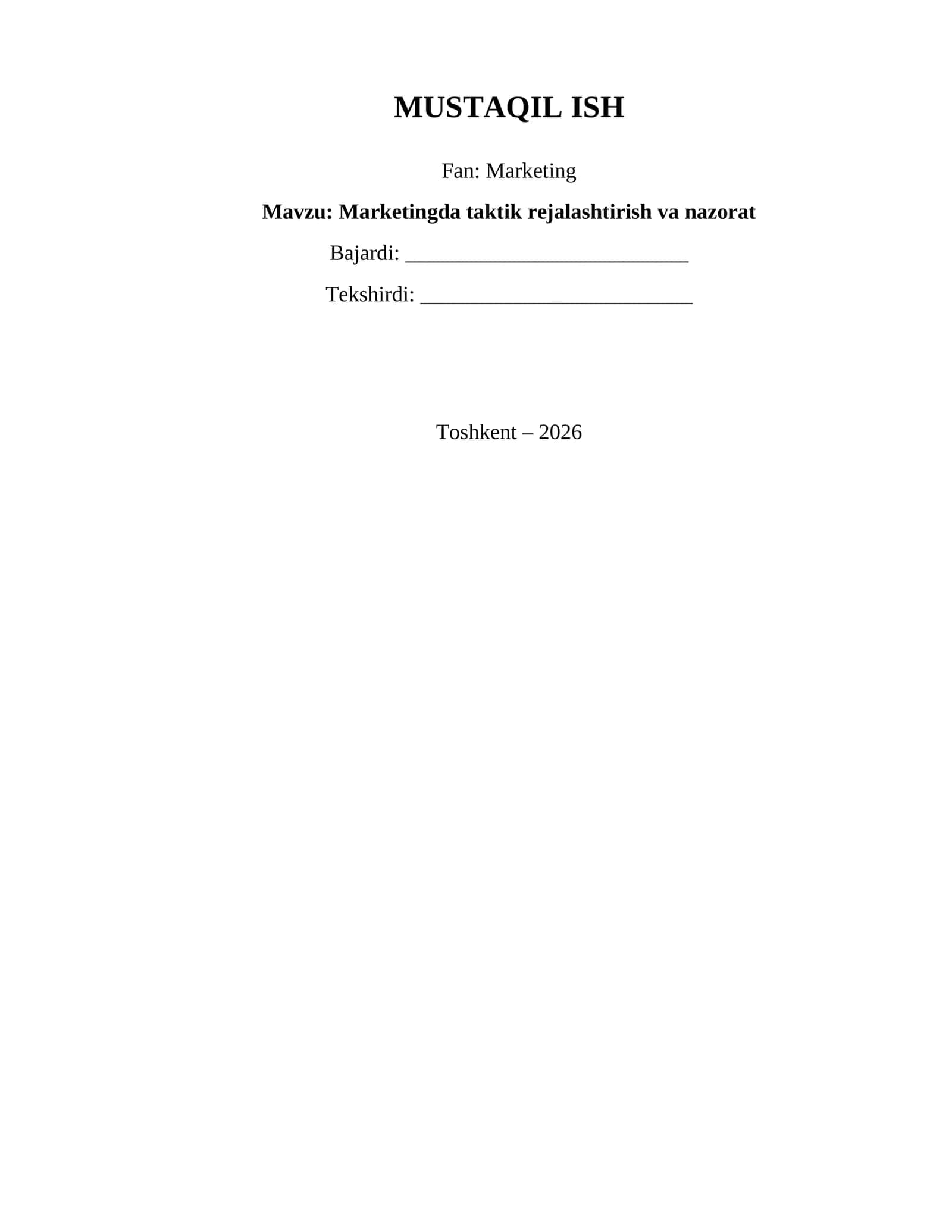 Marketingda taktik rejalashtirish va nazorat
