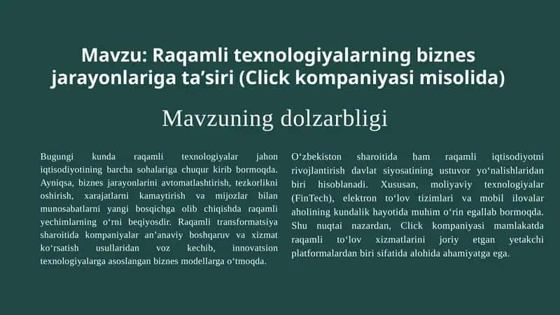 Raqamli texnologiyalarning biznes jarayonlariga taʼsiri(Clickkompaniyasimisolida)