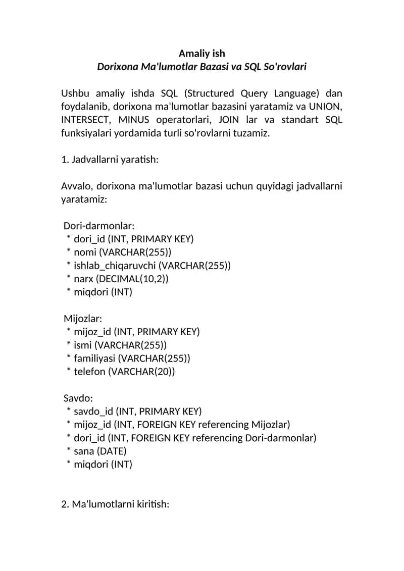 Dorixona Ma'lumotlar Bazasi va SQL So'rovlari