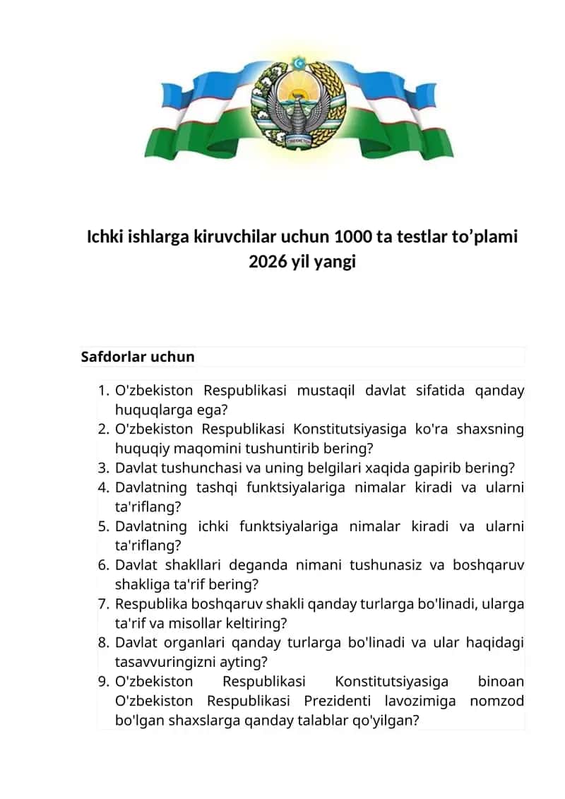 Ichki ishlarga kiruvchilar uchun 1000 ta testlar to’plami 2026 yil yangi