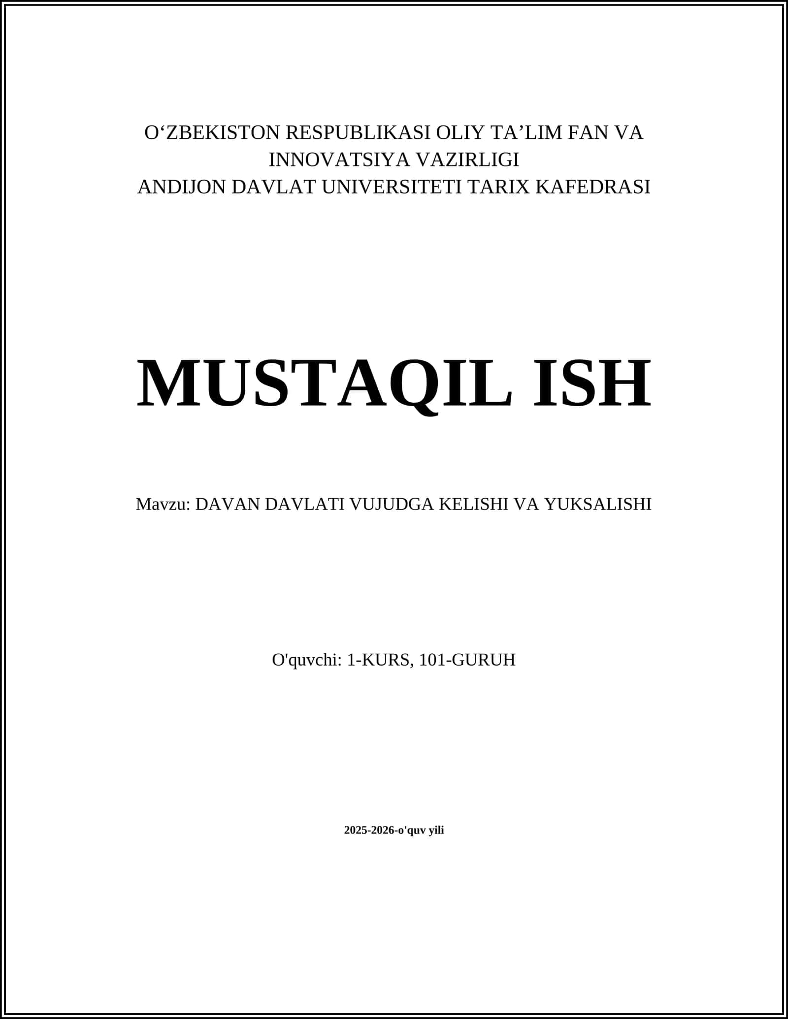 DAVAN DAVLATI VUJUDGA KELISHI VA YUKSALISHI