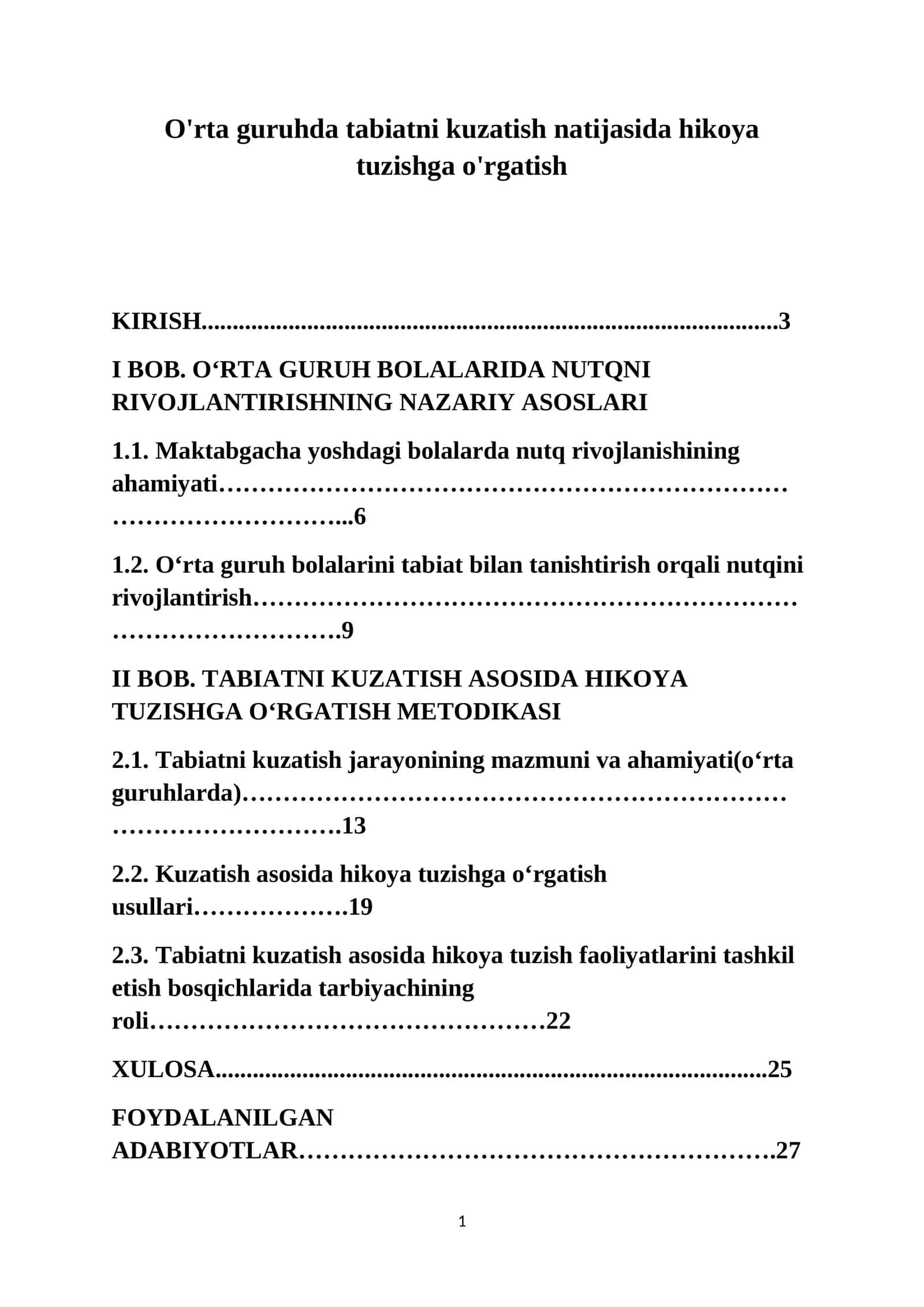 O'rta guruhda tabiatni kuzatish natijasida hikoya tuzishga o'rgatish