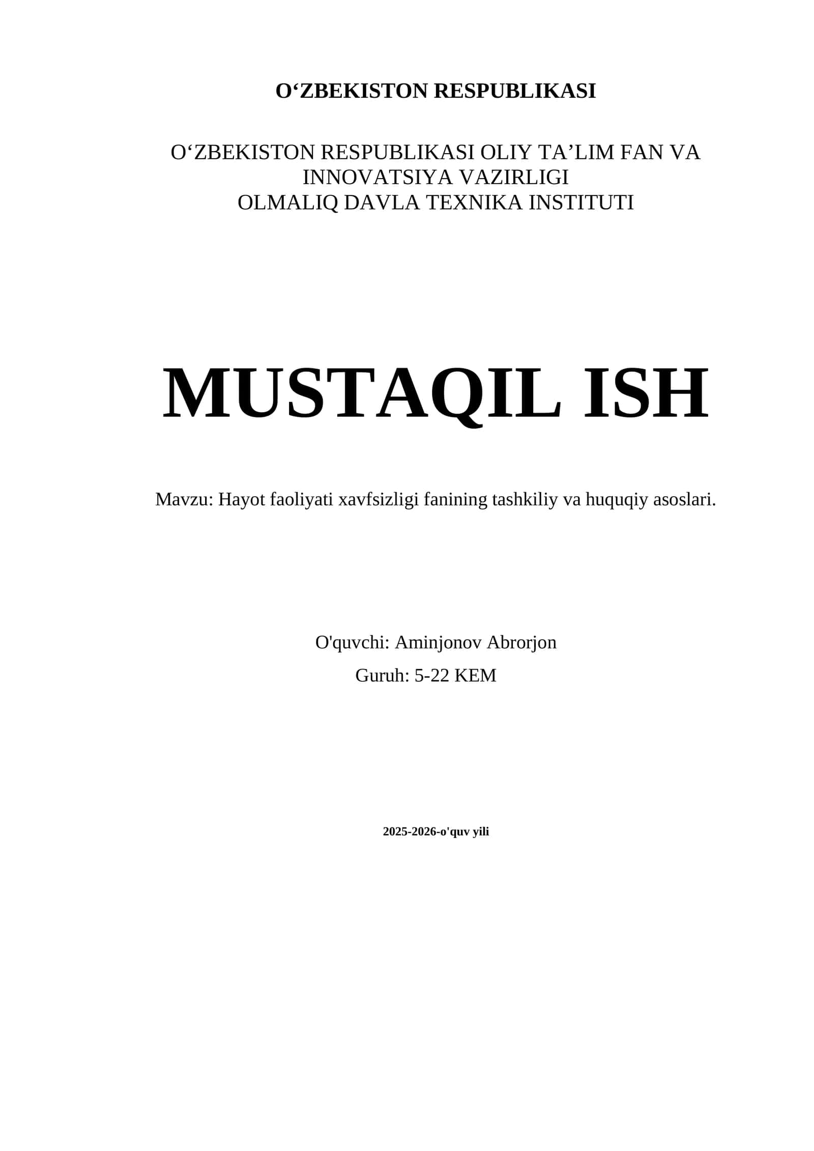 Hayot faoliyati xavfsizligi fanining tashkiliy va huquqiy asoslari