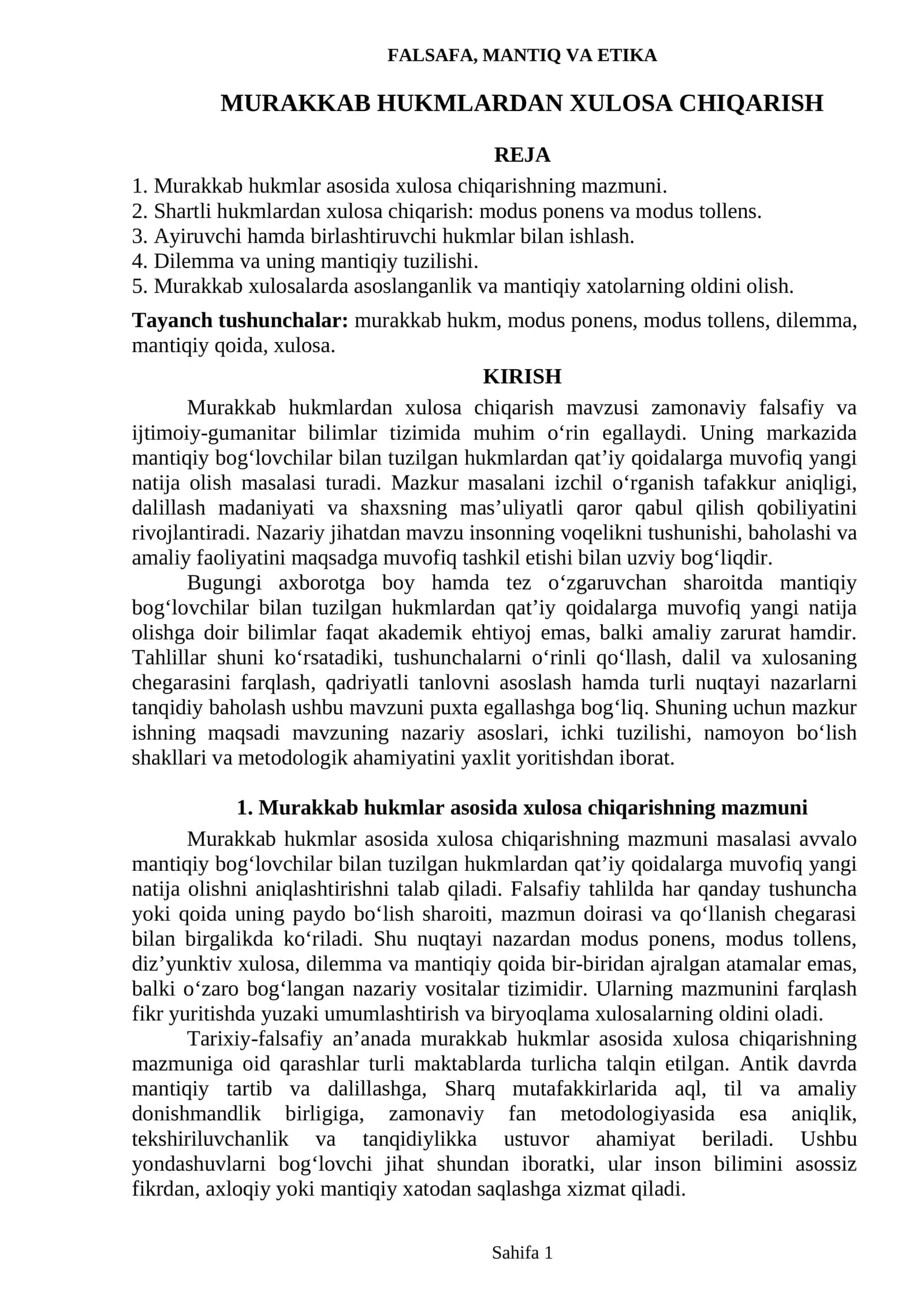 FALSAFA, MANTIQ VA ETIKA