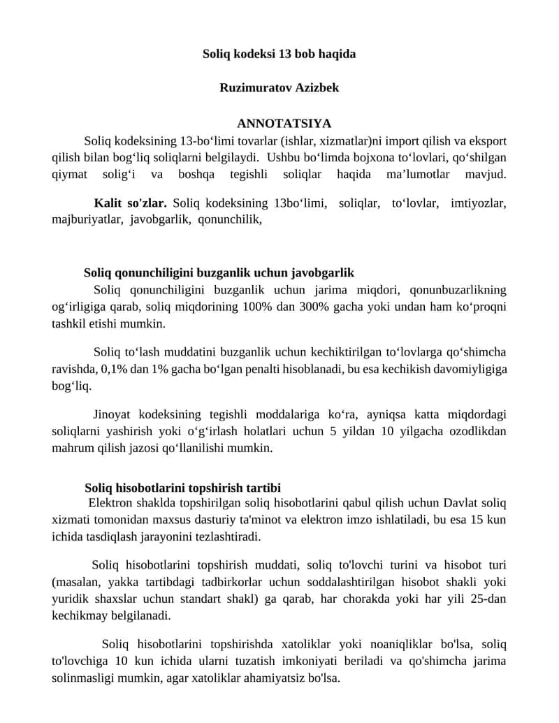 Soliq kodeksi 13 bob haqida