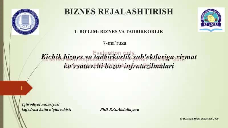 Biznes rejalashtirish: Kichik biznes va tadbirkorlik sub'ektlariga xizmat ko‘rsatuvchi bozor infratuzilmalari