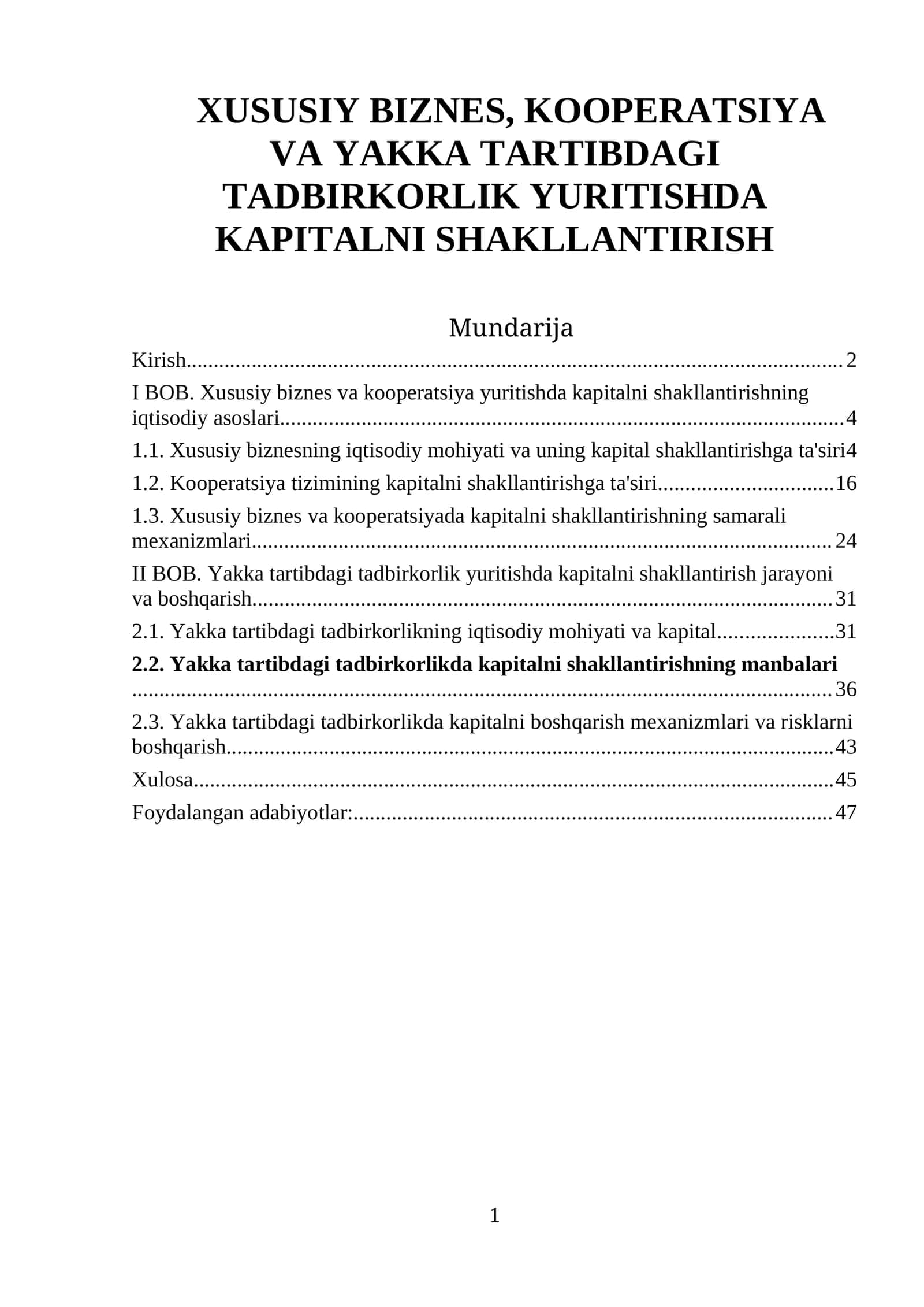XUSUSIY BIZNES, KOOPERATSIYA VA YAKKA TARTIBDAGI TADBIRKORLIK YURITISHDA KAPITALNI SHAKLLANTIRISH