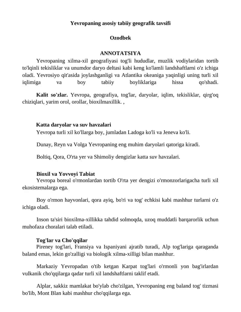 Yevropaning asosiy tabiiy geografik tavsifi