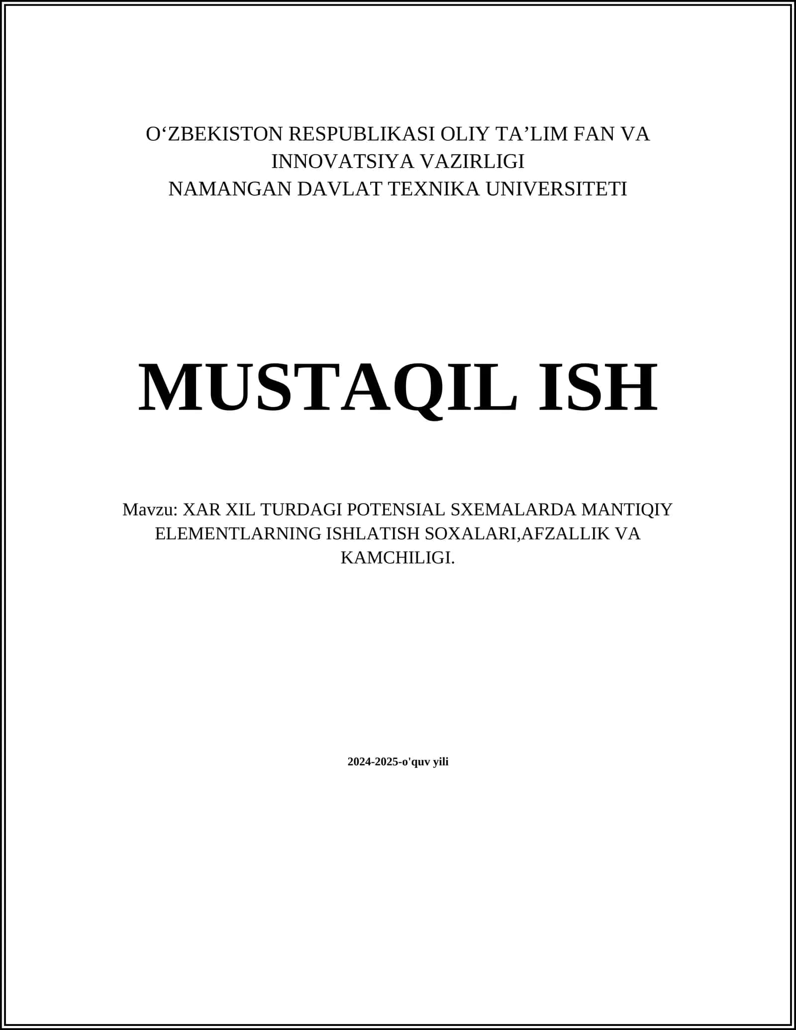 XAR XIL TURDAGI POTENSIAL SXEMALARDA MANTIQIY ELEMENTLARNING ISHLATISH SOXALARI