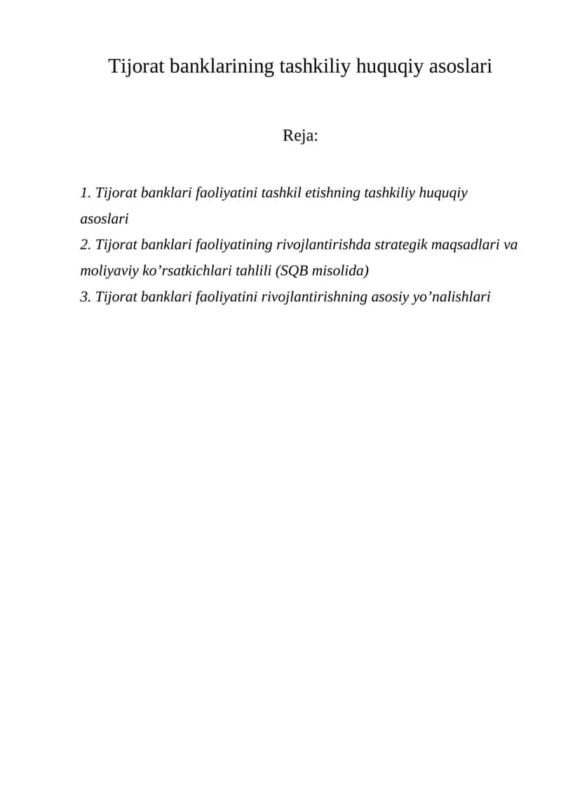 Tijorat banklarining tashkiliy huquqiy asoslari