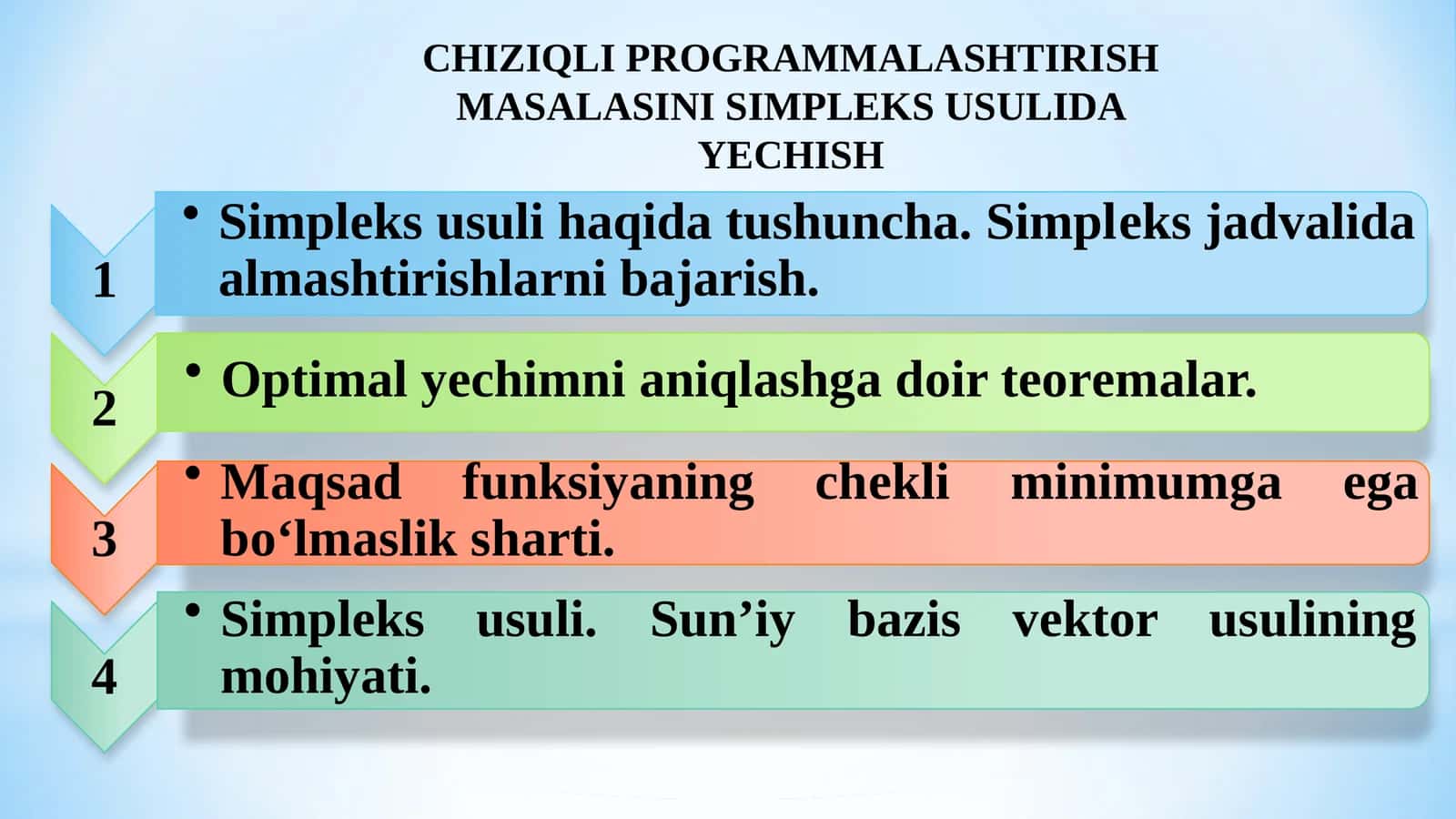 Chiziqli programmalashtirish masalasini simpleks usulida yechish