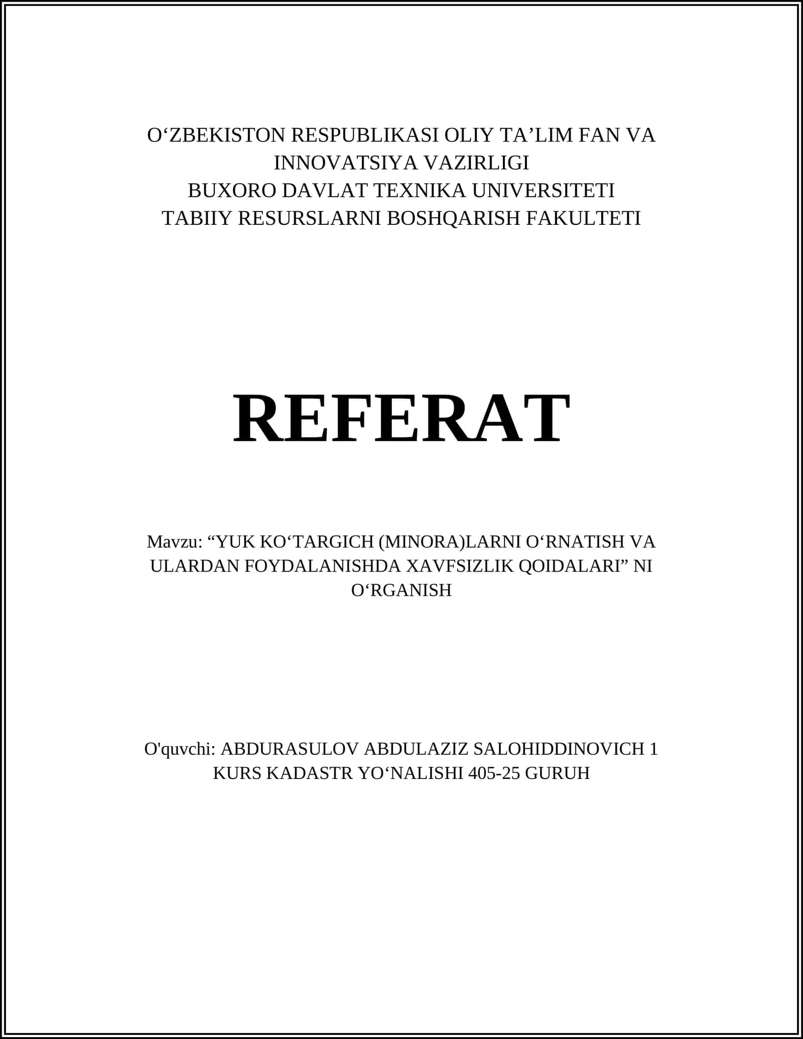Yuk ko‘targich (minora)larning turatlari va texnik xususiyatlari
