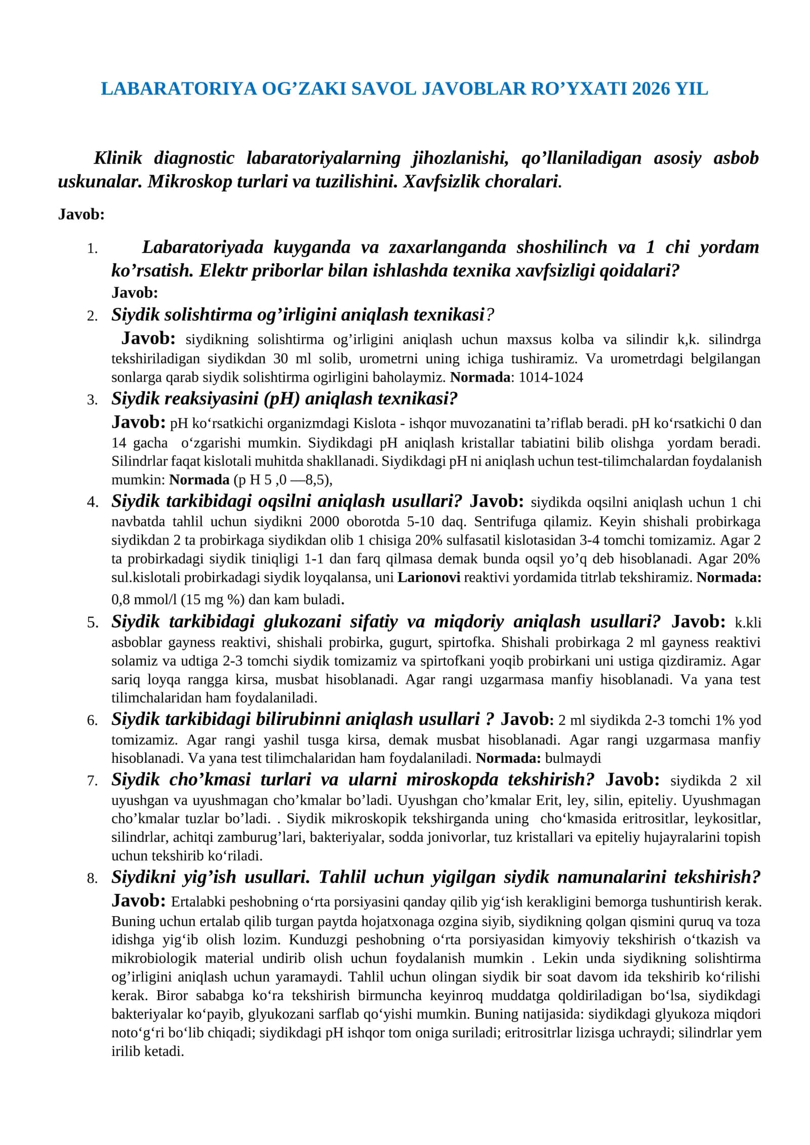 LABARATORIYA OG’ZAKI SAVOL JAVOBLAR RO’YXATI 2026 YIL