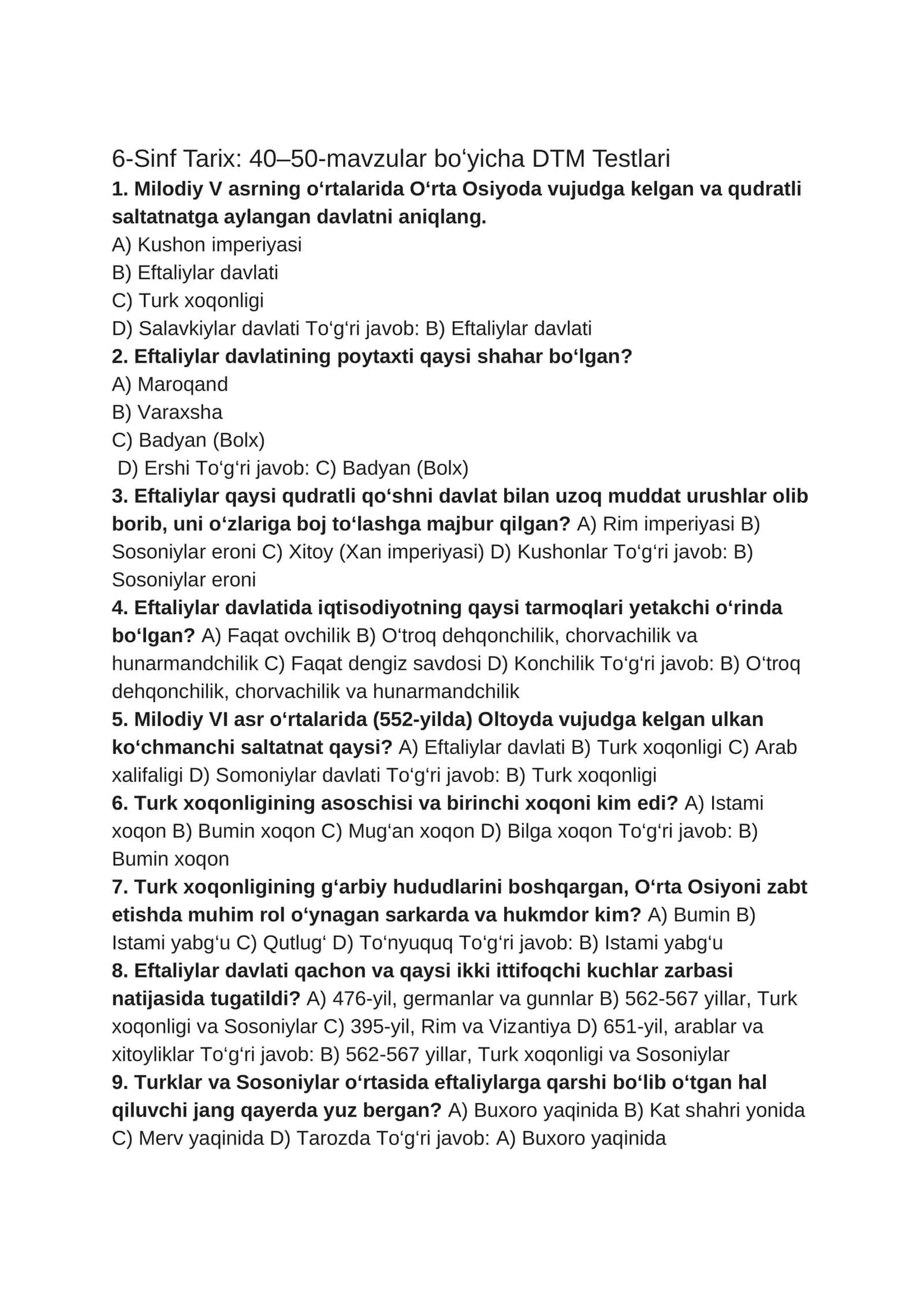 6-Sinf Tarix: 40–50-mavzular boʻyicha DTM Testlari