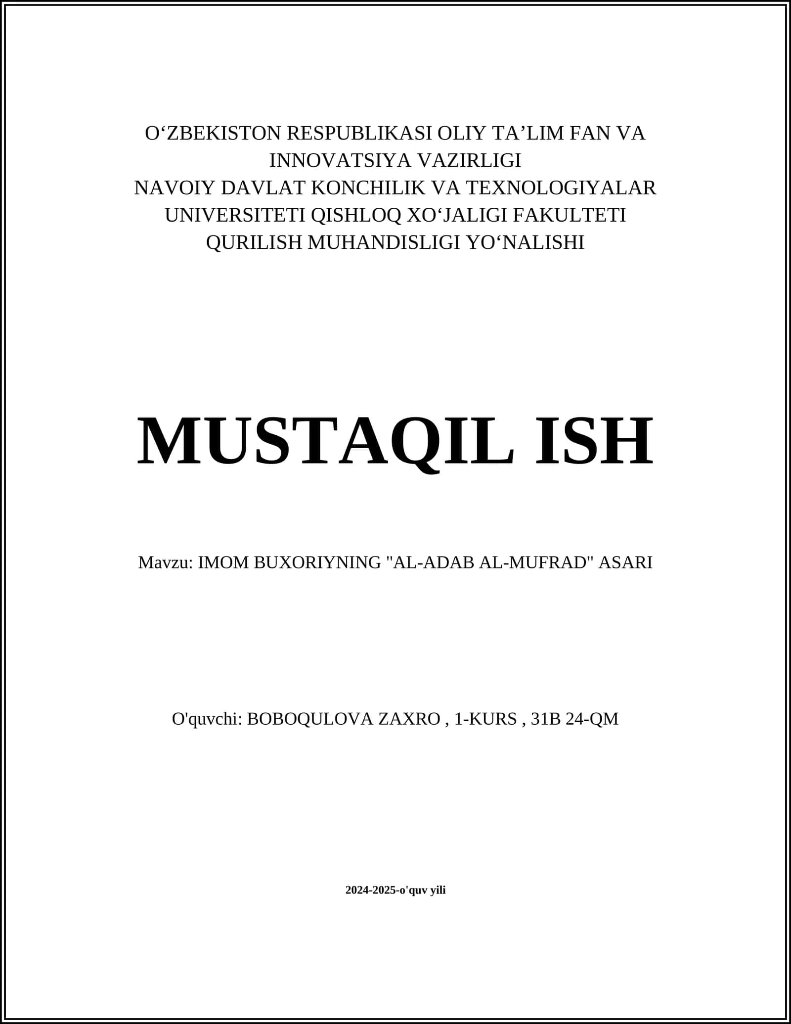 IMOM BUXORIYNING "AL-ADAB AL-MUFRAD" ASARI