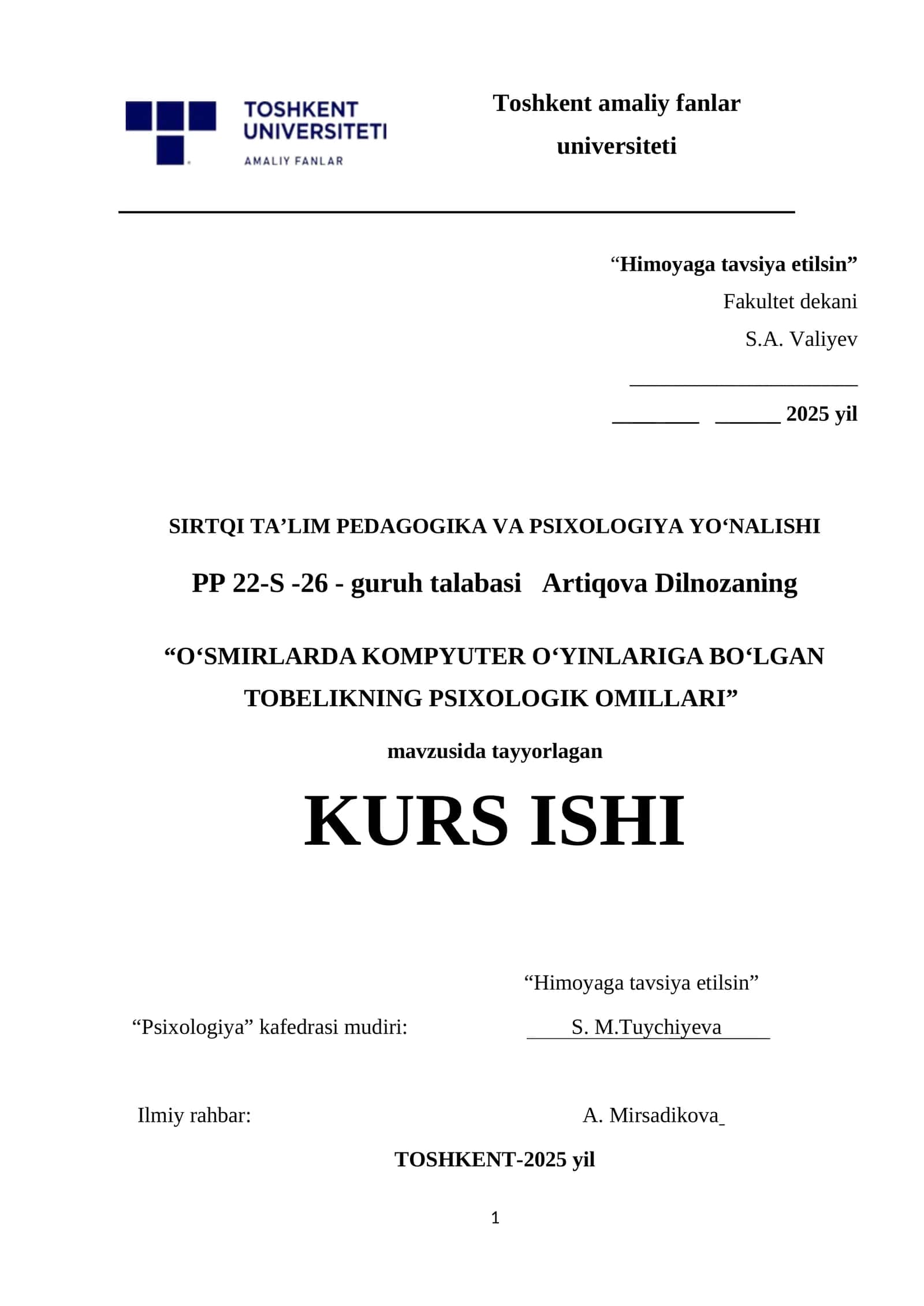 OʻSMIRLARDA KOMPYUTER OʻYINLARIGA BOʻLGAN TOBELIKNING PSIXOLOGIK OMILLARI