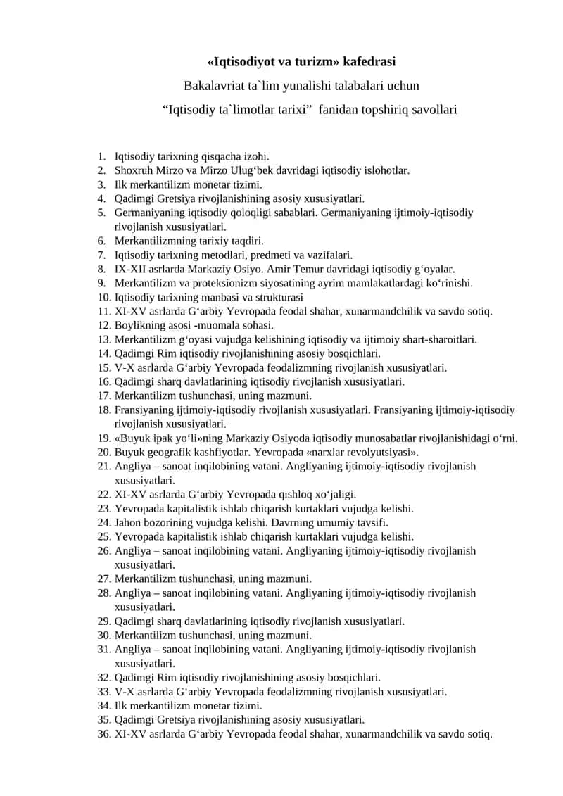 Iqtisodiy ta`limotlar tarixi Savollari
