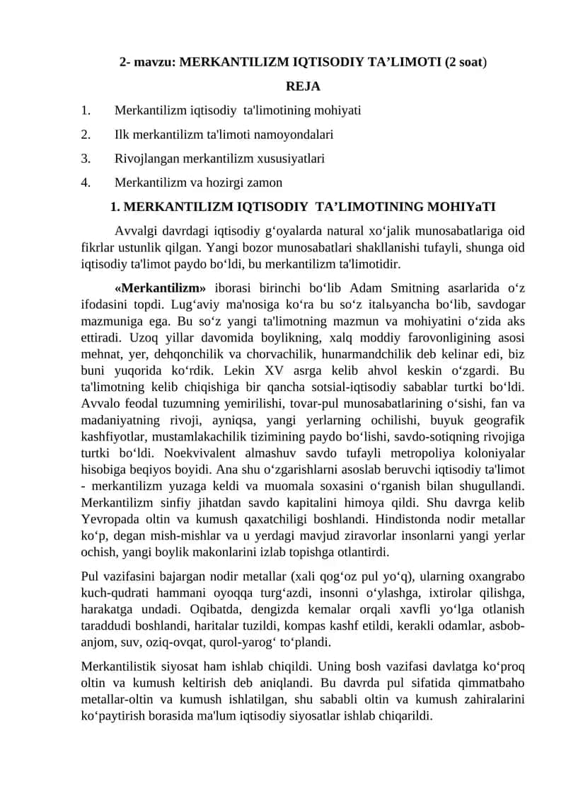 MERKANTILIZM IQTISODIY TA’LIMOTI