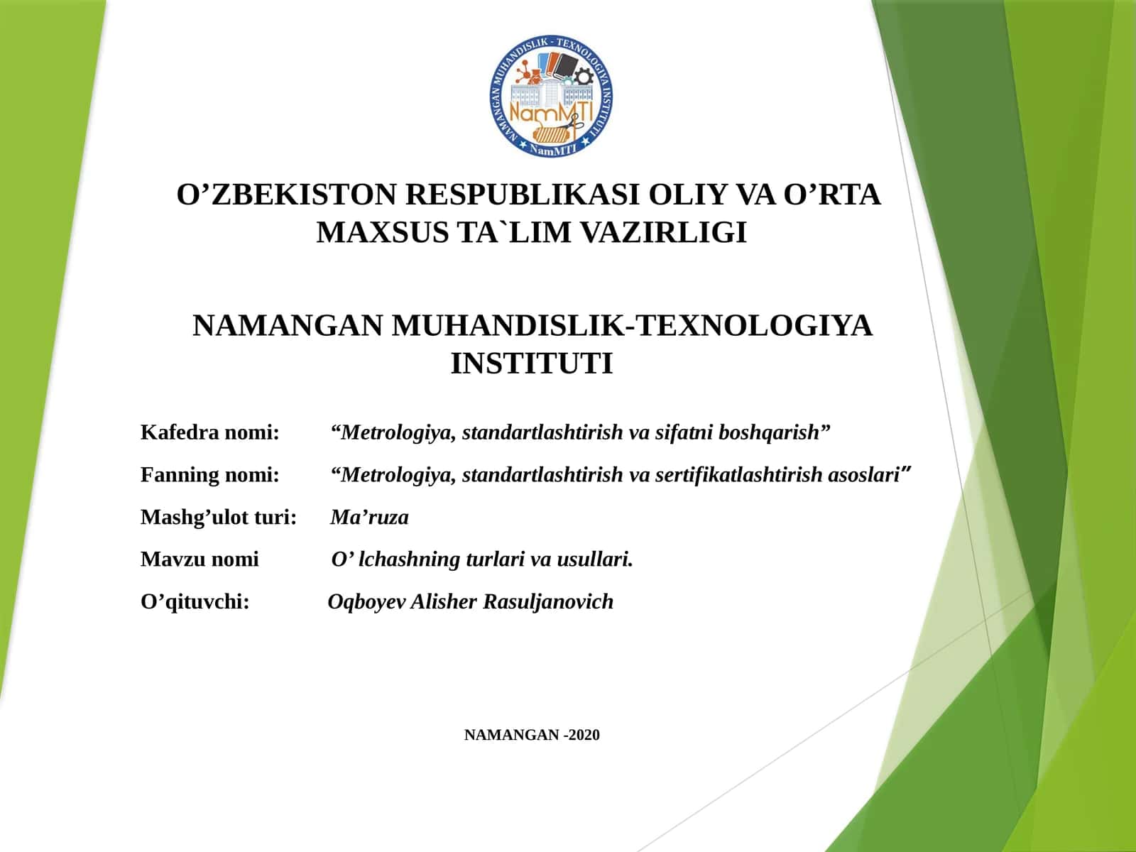 O’LCHASHNING TURLARI VA O’LCHОV USLUBLARI