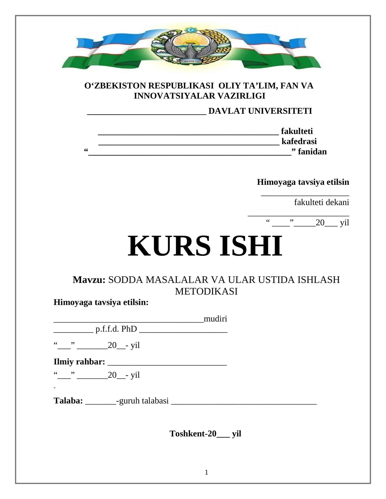 SODDA MASALALAR VA ULAR USTIDA ISHLASH METODIKASI