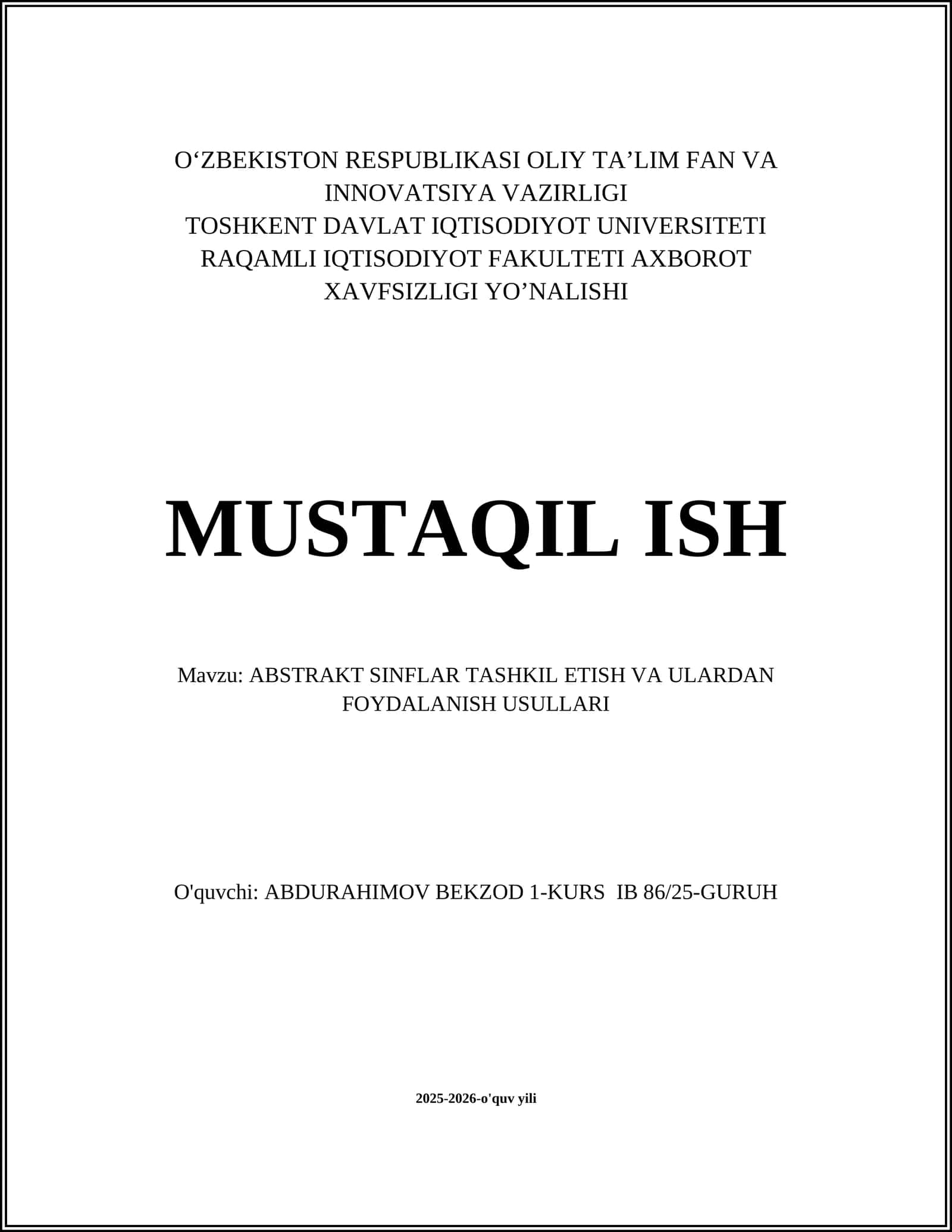ABSTRAKT SINFLAR TASHKIL ETISH VA ULARDAN FOYDALANISH USULLARI